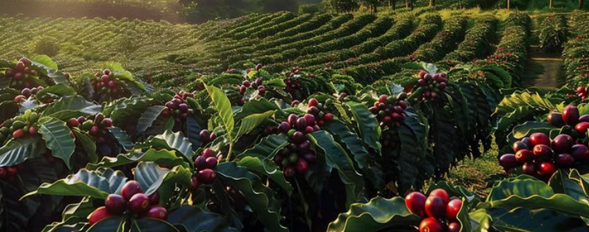 Sunlit coffee plantation with rows of coffee plants bearing red cherries